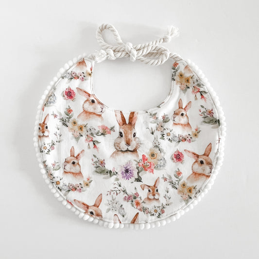Reversible Cotton Bib // Whimsical Bunny and Taupe + White Check